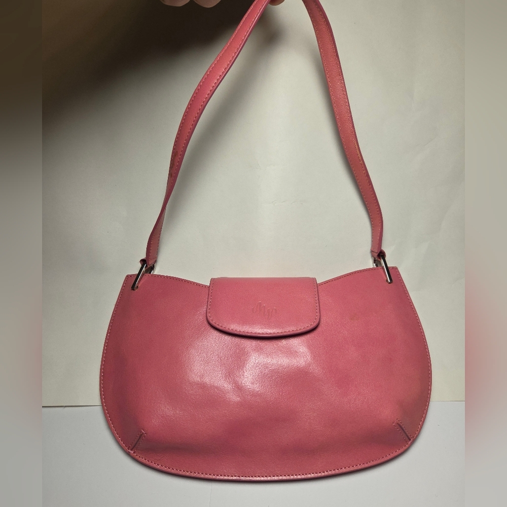 Monsac Pink Leather Shoulder Bag New w/ Dust Bag & Auth Card Sleek Minimal...